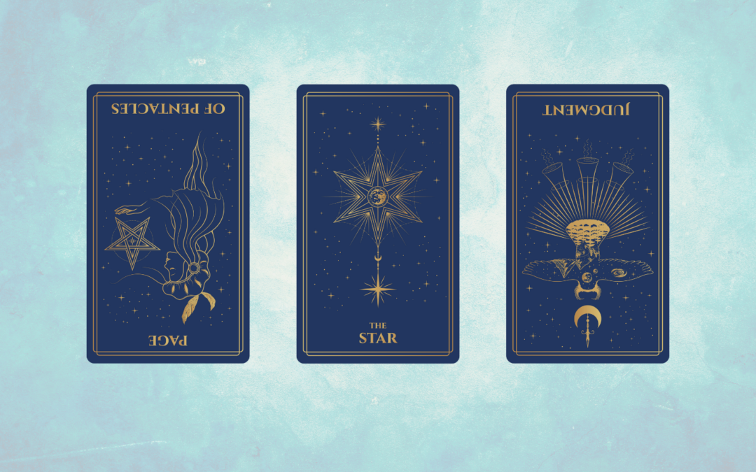 Three tarot cards placed side by side on a light blue background. The first card is the Page of Pentacles, reversed, depicting a figure holding a pentacle upside down with stars surrounding them. The second card is The Star, upright, showing a radiant star with smaller stars in a cosmic design. The third card is Judgment, reversed, featuring an angelic figure with wings and symbolic imagery, inverted in orientation. All cards have a dark blue and gold aesthetic with celestial elements.