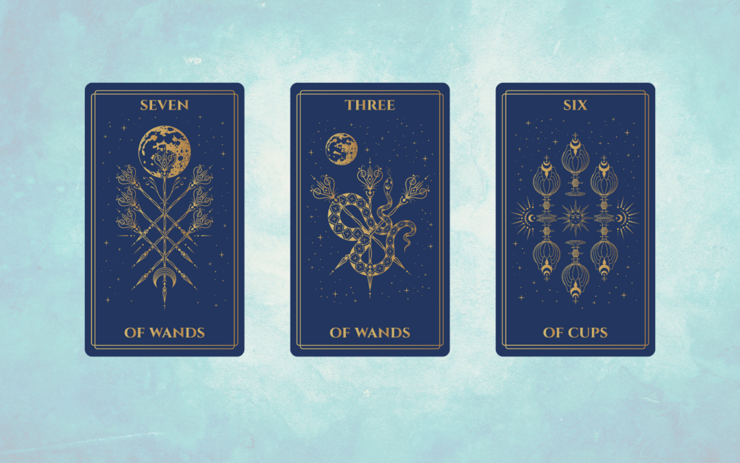 A tarot card spread on a light blue textured background, featuring three cards in a row. The first card is the Seven of Wands, showing a celestial design with a full moon and stylized wands crossing in an upward motion. The second card is the Three of Wands, featuring a cosmic design with a snake entwined around budding wands under a crescent moon. The third card is the Six of Cups, displaying an arrangement of ornate cups with floral and celestial motifs, including a sun and crescent moons.