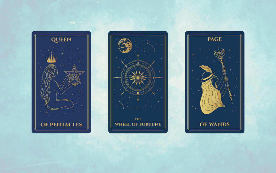 A digital tarot card spread featuring three cards against a light blue textured background. The cards have a deep blue color with gold illustrations and borders. The first card on the left is the Queen of Pentacles, depicting a seated woman with long flowing hair, a crown above her head, and holding a pentacle in her hands. The center card is The Wheel of Fortune, showing a golden compass-like wheel surrounded by stars and a moon. The third card on the right is the Page of Wands, illustrating a young figure with long wavy hair, wearing a feathered headpiece, and raising a wand adorned with intricate designs. The image has a celestial and mystical aesthetic