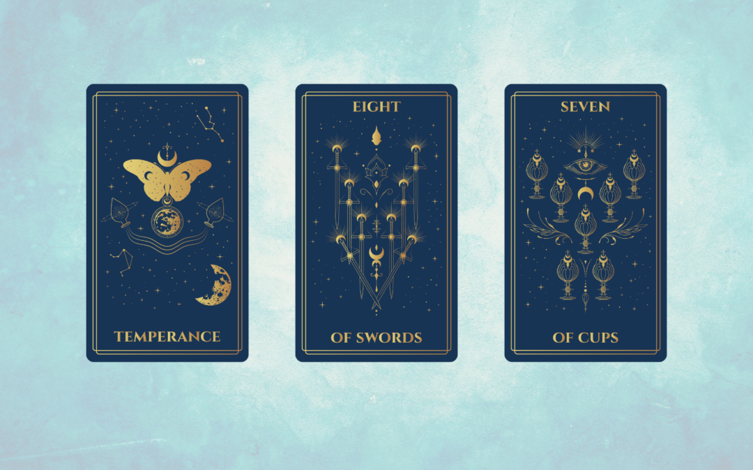 A digital tarot spread displayed on a soft blue textured background. Three dark blue cards with gold illustrations are shown from left to right: Temperance features a golden butterfly hovering over a globe, flanked by two vessels with a crescent moon below; Eight of Swords shows eight upright swords intertwined with light patterns and celestial symbols; Seven of Cups depicts seven ornate cups arranged among stars and mystical symbols, with an all-seeing eye at the top.